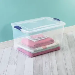 Sterilite 66 Quart Large Latching Storage Bin, Clear Plastic Storage Container with Latch Lid, Blue Sterilite 66 Quart Large Latching Storage Bin, Clear Plastic Storage Container with Latch Lid, Blue