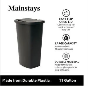 Mainstays 11 Gallon Plastic Kitchen Trash Can with Lift-Top Lid, Black Mainstays 11 Gallon Plastic Kitchen Trash Can with Lift-Top Lid, Black