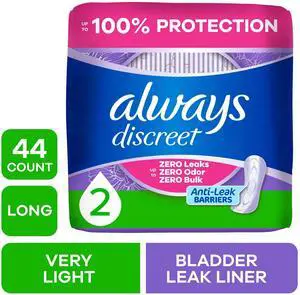 Always Discreet Incontinence Panty Liners for Bladder Leaks, Size 2, Very Light Absorbency, Long Length, 44 Count Always Discreet Incontinence Panty Liners for Bladder Leaks, Size 2, Very Light Absorbency, Long Length, 44 Count