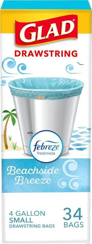 Glad Odorshield Small Drawstring Trash Bags, 4 Gal, Febreze Beachside Breeze, 34 Ct, Pack May Vary Glad Odorshield Small Drawstring Trash Bags, 4 Gal, Febreze Beachside Breeze, 34 Ct, Pack May Vary