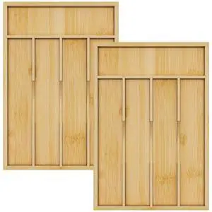 Bamboo Utensil Organizer for Kitchen Drawers, Utensil Tray and Cutlery Silverware Holder,Wood Drawer Dividers with 5 Slots(2 pack) Bamboo Utensil Organizer for Kitchen Drawers, Utensil Tray and Cutlery Silverware Holder,Wood Drawer Dividers with 5 Slots(2 pack)