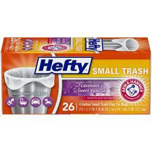 Hefty Small Trash Bags, Flap Tie, Lavender & Sweet Vanilla Scent, 4 Gallon, 26 Count Hefty Small Trash Bags, Flap Tie, Lavender & Sweet Vanilla Scent, 4 Gallon, 26 Count