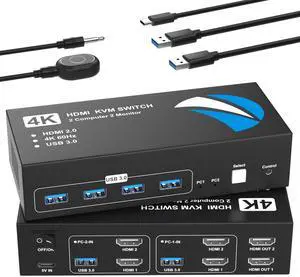 HDMI KVM Switch 2 Monitors 2 Computers, 4K@60Hz USB KVM Switches Dual Monitor with 4 USB 3.0 Ports Sharing Keyboard Mouse Printer, Monitors Switch for 2 Computers, HDMI Switcher 2 in 2 Out HDMI KVM Switch 2 Monitors 2 Computers, 4K@60Hz USB KVM Switches Dual Monitor with 4 USB 3.0 Ports Sharing Keyboard Mouse Printer, Monitors Switch for 2 Computers, HDMI Switcher 2 in 2 Out