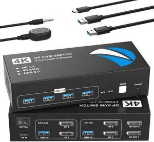 DisplayPort KVM Switch 2 Monitors 2 Computers, 4K@60Hz KVM Switches Dual Monitor with 4 USB3.0 Port Sharing Keyboard Mouse Printer, Computer Switch Monitor Switch for 2 Computers, DisplayPort Switch DisplayPort KVM Switch 2 Monitors 2 Computers, 4K@60Hz KVM Switches Dual Monitor with 4 USB3.0 Port Sharing Keyboard Mouse Printer, Computer Switch Monitor Switch for 2 Computers, DisplayPort Switch