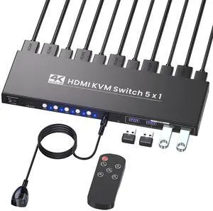 4K@60Hz HDMI KVM Switch 1 Monitor 5 Computers, USB 3.0 5 Port KVM Switch for Controlling 5 Computers with 1 Set of Keyboard, Mouse and 1 Monitor 4K@60Hz HDMI KVM Switch 1 Monitor 5 Computers, USB 3.0 5 Port KVM Switch for Controlling 5 Computers with 1 Set of Keyboard, Mouse and 1 Monitor