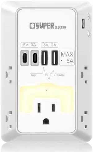 Multi Plug Outlet Surge Protector - 5 Outlet Extender with 4 USB Charging Ports (5V 5A),with Night Light,3-Sided 1200J Power Strip Multi Plug Adapter for Home Multi Plug Outlet Surge Protector - 5 Outlet Extender with 4 USB Charging Ports (5V 5A),with Night Light,3-Sided 1200J Power Strip Multi Plug Adapter for Home