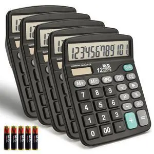 Desk Calculator 12 Digit Office Calculators with Large LCD Display, Dual Solar Power and Battery, Recessed Big Button Calculator for Office Home (Black, Pack of 5) Desk Calculator 12 Digit Office Calculators with Large LCD Display, Dual Solar Power and Battery, Recessed Big Button Calculator for Office Home (Black, Pack of 5)