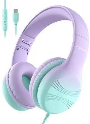 USB Type C Kids Headphones, Wired Headphones for Kids with Microphone 85/94dB Volume Limit, Stereo Sound Portable Over Ear Headphones for School/Travel/Tablet/iPad, Green Violet USB Type C Kids Headphones, Wired Headphones for Kids with Microphone 85/94dB Volume Limit, Stereo Sound Portable Over Ear Headphones for School/Travel/Tablet/iPad, Green Violet