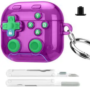 for AirPods 4 Case with Secure Lock Clip, Pressable Button & Phone Stand, Hard Case Game Console Design Protective Cover for AirPods 4rd Generation for Men Women, Clear Purple for AirPods 4 Case with Secure Lock Clip, Pressable Button & Phone Stand, Hard Case Game Console Design Protective Cover for AirPods 4rd Generation for Men Women, Clear Purple