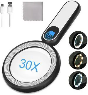 Rechargeable Magnifying Glass with Light, 30X 4.7IN Handheld Large Lightweight Lighted Magnify Len 21 LED 3 Modes Illuminated Book Magnifier forSenior,Reading,Inspection,Coin,JewelryChristmasGift Rechargeable Magnifying Glass with Light, 30X 4.7IN Handheld Large Lightweight Lighted Magnify Len 21 LED 3 Modes Illuminated Book Magnifier forSenior,Reading,Inspection,Coin,JewelryChristmasGift