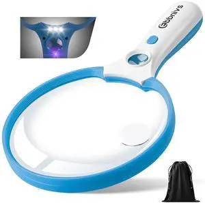 Large Magnifying Glass with Light, Magnifier Handheld Illuminated Lighted Magnifier with 3 LED Lights 1UV Light Storage Bag Clean Cloth for Seniors Reading Inspection (Blue) Large Magnifying Glass with Light, Magnifier Handheld Illuminated Lighted Magnifier with 3 LED Lights 1UV Light Storage Bag Clean Cloth for Seniors Reading Inspection (Blue)
