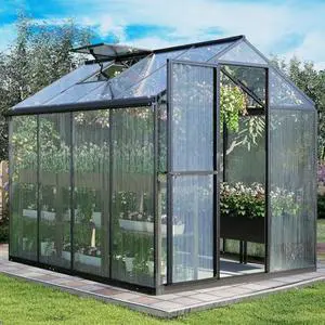 Aoodor 6 x 8 Ft Walk-in Greenhouse with Gutter, Polycarbonate and Heavy-Duty Aluminum Frame, Adjustment Skylight and Lockable 2-Sided Door for Patio, Outdoor, Yard, Lawn Use, Black Aoodor 6 x 8 Ft Walk-in Greenhouse with Gutter, Polycarbonate and Heavy-Duty Aluminum Frame, Adjustment Skylight and Lockable 2-Sided Door for Patio, Outdoor, Yard, Lawn Use, Black