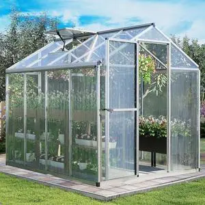 Aoodor 6 x 8 Ft Walk-in Greenhouse with Gutter, Polycarbonate and Heavy-Duty Aluminum Frame, Adjustment Skylight and Lockable 2-Sided Door for Patio, Outdoor, Yard, Lawn Use, Silver Aoodor 6 x 8 Ft Walk-in Greenhouse with Gutter, Polycarbonate and Heavy-Duty Aluminum Frame, Adjustment Skylight and Lockable 2-Sided Door for Patio, Outdoor, Yard, Lawn Use, Silver