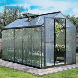 Aoodor 6 x 10 Ft Walk-in Greenhouse with Gutter, Polycarbonate and Heavy-Duty Aluminum Frame, Adjustment Skylight and Lockable 2-Sided Door for Patio, Outdoor, Yard, Lawn Use, Black Aoodor 6 x 10 Ft Walk-in Greenhouse with Gutter, Polycarbonate and Heavy-Duty Aluminum Frame, Adjustment Skylight and Lockable 2-Sided Door for Patio, Outdoor, Yard, Lawn Use, Black