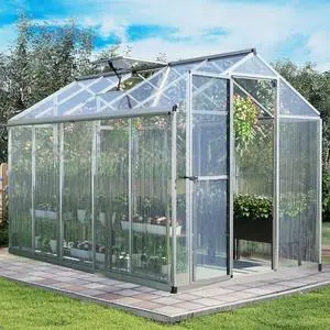 Aoodor 6 x 10 Ft Walk-in Greenhouse with Gutter, Polycarbonate and Heavy-Duty Aluminum Frame, Adjustment Skylight and Lockable 2-Sided Door for Patio, Outdoor, Yard, Lawn Use, Silver Aoodor 6 x 10 Ft Walk-in Greenhouse with Gutter, Polycarbonate and Heavy-Duty Aluminum Frame, Adjustment Skylight and Lockable 2-Sided Door for Patio, Outdoor, Yard, Lawn Use, Silver