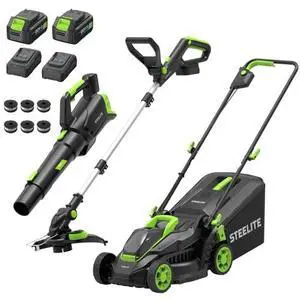 STEELITE 3-in-1 Cordless Lawn Care Kit, Electric Lawn Mower, Trimmer/Edger & Leaf Blower, 21V Brushless, 2 x 4.0Ah Batteries & Dual Chargers for Small Yards STEELITE 3-in-1 Cordless Lawn Care Kit, Electric Lawn Mower, Trimmer/Edger & Leaf Blower, 21V Brushless, 2 x 4.0Ah Batteries & Dual Chargers for Small Yards