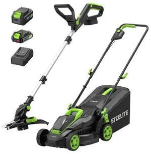 STEELITE 20V Electric Lawn Mower & String Trimmer Combo, 13-Inch Brushless Cordless Lawn Mower with 4.0Ah & 2.0Ah Batteries and Charger, Lightweight Push Mower & Cordless Edger STEELITE 20V Electric Lawn Mower & String Trimmer Combo, 13-Inch Brushless Cordless Lawn Mower with 4.0Ah & 2.0Ah Batteries and Charger, Lightweight Push Mower & Cordless Edger