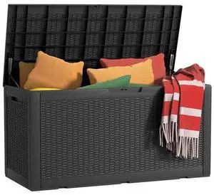 PatioZen 120 Gallon Resin Deck Box, Lockable Weatherproof Outdoor Storage Box for Furniture, Garden Tools and Tools Storage, Waterproof Outside Storage Boxes - Black PatioZen 120 Gallon Resin Deck Box, Lockable Weatherproof Outdoor Storage Box for Furniture, Garden Tools and Tools Storage, Waterproof Outside Storage Boxes - Black