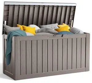 PatioZen 90 Gallon Resin Deck Box, Lockable Patio Outdoor Storage Box for Furniture, Garden Tools and Tools Storage, Waterproof Outside Storage Boxes - Grey PatioZen 90 Gallon Resin Deck Box, Lockable Patio Outdoor Storage Box for Furniture, Garden Tools and Tools Storage, Waterproof Outside Storage Boxes - Grey