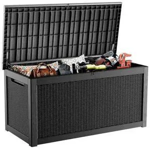PatioZen 320 Gallon Resin Deck Box, Lockable Weatherproof Outdoor Storage Box for Furniture, Garden Tools and Tools Storage, Waterproof Outside Storage Boxes - Black PatioZen 320 Gallon Resin Deck Box, Lockable Weatherproof Outdoor Storage Box for Furniture, Garden Tools and Tools Storage, Waterproof Outside Storage Boxes - Black