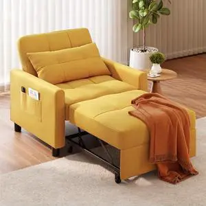 Ahomly Convertible Sleeper Chair Sofa Bed with 3-in-1 Design, Adjustable Backrest, and Storage Pocket for Living Room, Yellow Ahomly Convertible Sleeper Chair Sofa Bed with 3-in-1 Design, Adjustable Backrest, and Storage Pocket for Living Room, Yellow