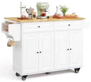 Ahomly Kitchen Island with Storage, 47'' Rolling Kitchen Table with Spice Rack, Towel Rack, and 2 Drawers, Kitchen Cart with Rubberwood Top for Dining Room, White Ahomly Kitchen Island with Storage, 47'' Rolling Kitchen Table with Spice Rack, Towel Rack, and 2 Drawers, Kitchen Cart with Rubberwood Top for Dining Room, White