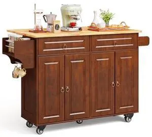 Ahomly 47'' Kitchen Island with Storage, Rubber Wood and Drop Leaf, 5 Metal Wheels for Stability and Mobility, Spice Rack and Towel Bar, for Kitchen, Dining Room and Living Room Ahomly 47'' Kitchen Island with Storage, Rubber Wood and Drop Leaf, 5 Metal Wheels for Stability and Mobility, Spice Rack and Towel Bar, for Kitchen, Dining Room and Living Room