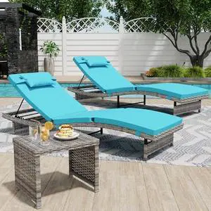 Long Reclining Chair Lounge Set (Set of 3), Modern Outdoor Patio Furniture with Adjustable Backrest & Side Table, Durable PE Wicker, Weather-Resistant Cushions, Blue Long Reclining Chair Lounge Set (Set of 3), Modern Outdoor Patio Furniture with Adjustable Backrest & Side Table, Durable PE Wicker, Weather-Resistant Cushions, Blue
