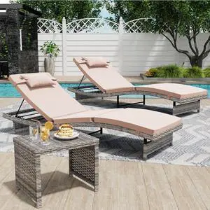 Long Reclining Chair Lounge Set (Set of 3), Modern Outdoor Patio Furniture with Adjustable Backrest & Side Table, Durable PE Wicker, Weather-Resistant Cushions, Beige Long Reclining Chair Lounge Set (Set of 3), Modern Outdoor Patio Furniture with Adjustable Backrest & Side Table, Durable PE Wicker, Weather-Resistant Cushions, Beige