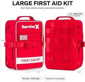 SurviveX Large First Aid Kit for Car, Travel & Home - Emergency Kit for Hiking, Camping, Backpacking and Outdoors - Includes Zip Stitch Wound Closure Strips SurviveX Large First Aid Kit for Car, Travel & Home - Emergency Kit for Hiking, Camping, Backpacking and Outdoors - Includes Zip Stitch Wound Closure Strips
