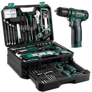 Tool Set: Tool Kit with 12V Cordless Drill, Hand Toolbox with storage case, Mechanic Tool set for Home Repairs, Green Tool Set: Tool Kit with 12V Cordless Drill, Hand Toolbox with storage case, Mechanic Tool set for Home Repairs, Green