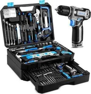 Tool Set: Tool Kit with 12V Cordless Drill, Hand Toolbox with storage case, Mechanic Tool set for Home Repairs, Blue Tool Set: Tool Kit with 12V Cordless Drill, Hand Toolbox with storage case, Mechanic Tool set for Home Repairs, Blue
