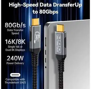 Thunderbolt 5 Cable, Supports 8K Display/ 80Gbps Data Transfer/ 120Gbps Bandwidth Boost/ 240W Fast Charging, Compatible with Thunderbolt 4, USB4, Thunderbolt 3 and USB-C, Black, 3.3FT Thunderbolt 5 Cable, Supports 8K Display/ 80Gbps Data Transfer/ 120Gbps Bandwidth Boost/ 240W Fast Charging, Compatible with Thunderbolt 4, USB4, Thunderbolt 3 and USB-C, Black, 3.3FT