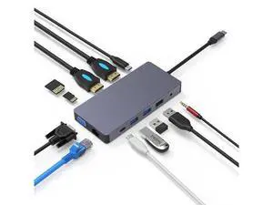 USB Type C Docking Station with 2 HDTV 12 In 1 USB-C Hub 3 Monitor Type-C to 4K Dual HDTV+VGA Adapter for Laptop USB Type C Docking Station with 2 HDTV 12 In 1 USB-C Hub 3 Monitor Type-C to 4K Dual HDTV+VGA Adapter for Laptop