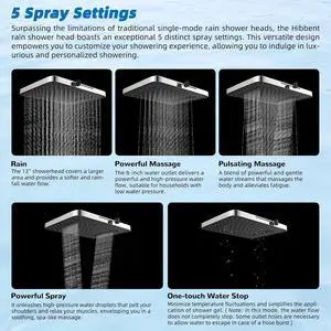 Hibbent Rain Shower Head, 13'' High Pressure Rainfall Square 5 Spray Mode Showerhead with 12" Shower Hibbent Rain Shower Head, 13'' High Pressure Rainfall Square 5 Spray Mode Showerhead with 12" Shower