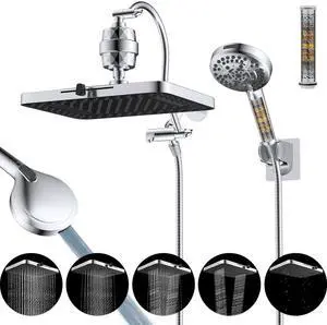 Hibbent Upgraded 5-spray 13'' Dual Filtered Rainfall Shower Head Combo, High Pressure 10-setting Han Hibbent Upgraded 5-spray 13'' Dual Filtered Rainfall Shower Head Combo, High Pressure 10-setting Han