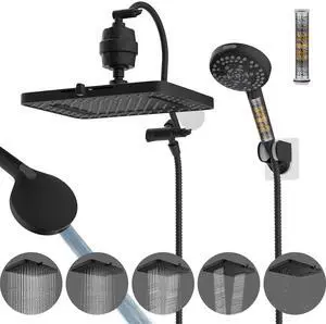 Hibbent Upgraded 5-spray 13'' Dual Filtered Rainfall Shower Head Combo, High Pressure 10-setting Han Hibbent Upgraded 5-spray 13'' Dual Filtered Rainfall Shower Head Combo, High Pressure 10-setting Han