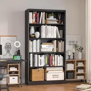 OSEILLC Bookshelf, Metal 5 Tier Industrial Bookshelves, 14" Deep Book Case for Book/Decor/CD/Movie, OSEILLC Bookshelf, Metal 5 Tier Industrial Bookshelves, 14" Deep Book Case for Book/Decor/CD/Movie,