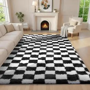 Checkered Black & White Rug for Living Room Bedroom, Fluffy Soft Cute Fuzzy Area Rugs, Shag Plush Shaggy Bedside Floor 6x9 Furry Carpet for Kids Baby Teen Dorm Nursery Home Decor Aesthetic Checkered Black & White Rug for Living Room Bedroom, Fluffy Soft Cute Fuzzy Area Rugs, Shag Plush Shaggy Bedside Floor 6x9 Furry Carpet for Kids Baby Teen Dorm Nursery Home Decor Aesthetic