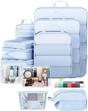 11 Set Compression Packing Cubes for Travel Essentials,Compressible Expandable Large Luggage Suitcase Organizer Bags for Clothing,Durable Space Saver Storage Bags with Toiletry Bags(Light Blue) 11 Set Compression Packing Cubes for Travel Essentials,Compressible Expandable Large Luggage Suitcase Organizer Bags for Clothing,Durable Space Saver Storage Bags with Toiletry Bags(Light Blue)