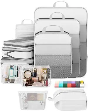 11 Set Compression Packing Cubes for Travel Essentials,Compressible Expandable Large Luggage Suitcase Organizer Bags for Clothing,Durable Space Saver Storage Bags with Toiletry Bags(White) 11 Set Compression Packing Cubes for Travel Essentials,Compressible Expandable Large Luggage Suitcase Organizer Bags for Clothing,Durable Space Saver Storage Bags with Toiletry Bags(White)