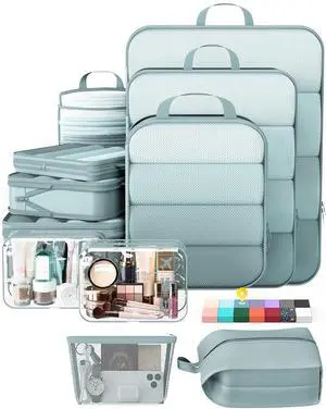 11 Set Compression Packing Cubes for Travel Essentials,Compressible Expandable Large Luggage Suitcase Organizer Bags for Clothing,Durable Space Saver Storage Bags with Toiletry Bags(Blue Gray) 11 Set Compression Packing Cubes for Travel Essentials,Compressible Expandable Large Luggage Suitcase Organizer Bags for Clothing,Durable Space Saver Storage Bags with Toiletry Bags(Blue Gray)
