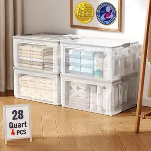 28QT Stackable Storage Bins with Lids, 4 Pack Plastic Collapsible Organizer Box, Foldable Clear Totes & Containers for Closet, Living Room, Garage, Straight Design Offers More Space 28QT Stackable Storage Bins with Lids, 4 Pack Plastic Collapsible Organizer Box, Foldable Clear Totes & Containers for Closet, Living Room, Garage, Straight Design Offers More Space