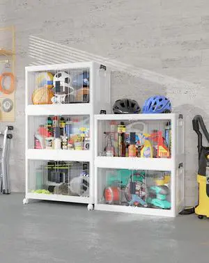 97QT Stackable Storage Bins with Lids - Folding Storage Box with Doors and Wheels, Collapsible Plastic Storage Drawers for Closets and Organization, Garage, 5 Pack Cubes 97QT Stackable Storage Bins with Lids - Folding Storage Box with Doors and Wheels, Collapsible Plastic Storage Drawers for Closets and Organization, Garage, 5 Pack Cubes