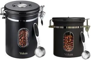 Coffee Canister Gift Set with Window, Airtight Stainless Steel Kitchen Food Storage Container with Date Tracker and Scoop for Grounds Coffee, Beans, Tea, Flour, Cereal, Sugar, 22&16OZ,Black Coffee Canister Gift Set with Window, Airtight Stainless Steel Kitchen Food Storage Container with Date Tracker and Scoop for Grounds Coffee, Beans, Tea, Flour, Cereal, Sugar, 22&16OZ,Black
