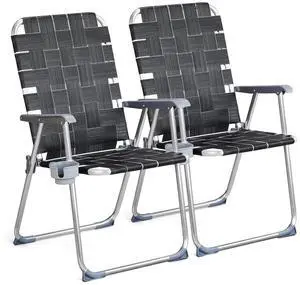 Aluminum Patio Lawn Chairs Folding Set of 2 with Detachable Cup Holder, Webbed Beach Chair Folding Chair Outdoor Portable Camping Chair for Yard, Garden Aluminum Patio Lawn Chairs Folding Set of 2 with Detachable Cup Holder, Webbed Beach Chair Folding Chair Outdoor Portable Camping Chair for Yard, Garden