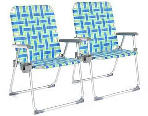Folding Aluminum Webbed Oversized Lawn Chairs with Detachable Cup Holder, 300LBS High Beach Chair for Adults Heavy Duty, Portable Patio Chair for Yard, Garden, 2 Pack,Blue/Green Folding Aluminum Webbed Oversized Lawn Chairs with Detachable Cup Holder, 300LBS High Beach Chair for Adults Heavy Duty, Portable Patio Chair for Yard, Garden, 2 Pack,Blue/Green
