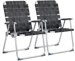 Aluminum Oversize Patio Lawn Chairs Folding Set of 2 with Detachable Cup Holder, Webbed Beach Chair Folding Chair Outdoor Portable Camping Chair for Yard, Garden Aluminum Oversize Patio Lawn Chairs Folding Set of 2 with Detachable Cup Holder, Webbed Beach Chair Folding Chair Outdoor Portable Camping Chair for Yard, Garden