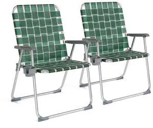 Folding Webbed Oversized Lawn Chairs with Detachable Cup Holder, 300 LBS High Beach Chair for Adults Heavy Duty, Portable Aluminum Patio Chair for Yard, Garden, 2 Pack,Dark Green Folding Webbed Oversized Lawn Chairs with Detachable Cup Holder, 300 LBS High Beach Chair for Adults Heavy Duty, Portable Aluminum Patio Chair for Yard, Garden, 2 Pack,Dark Green