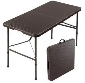 4 FT Plastic Folding Camping Table, Portable in/Outdoor Party Picnic Dining Desk,Garden Soccer Multipurpose Entertaining Activities, Brown 4 FT Plastic Folding Camping Table, Portable in/Outdoor Party Picnic Dining Desk,Garden Soccer Multipurpose Entertaining Activities, Brown